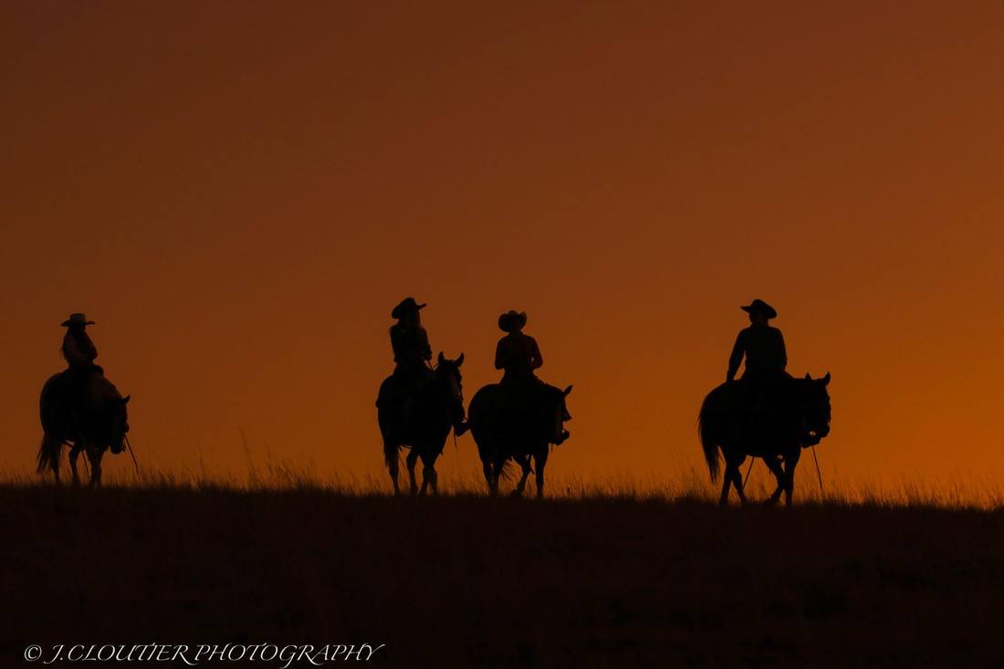 Riders on horseback at sunset